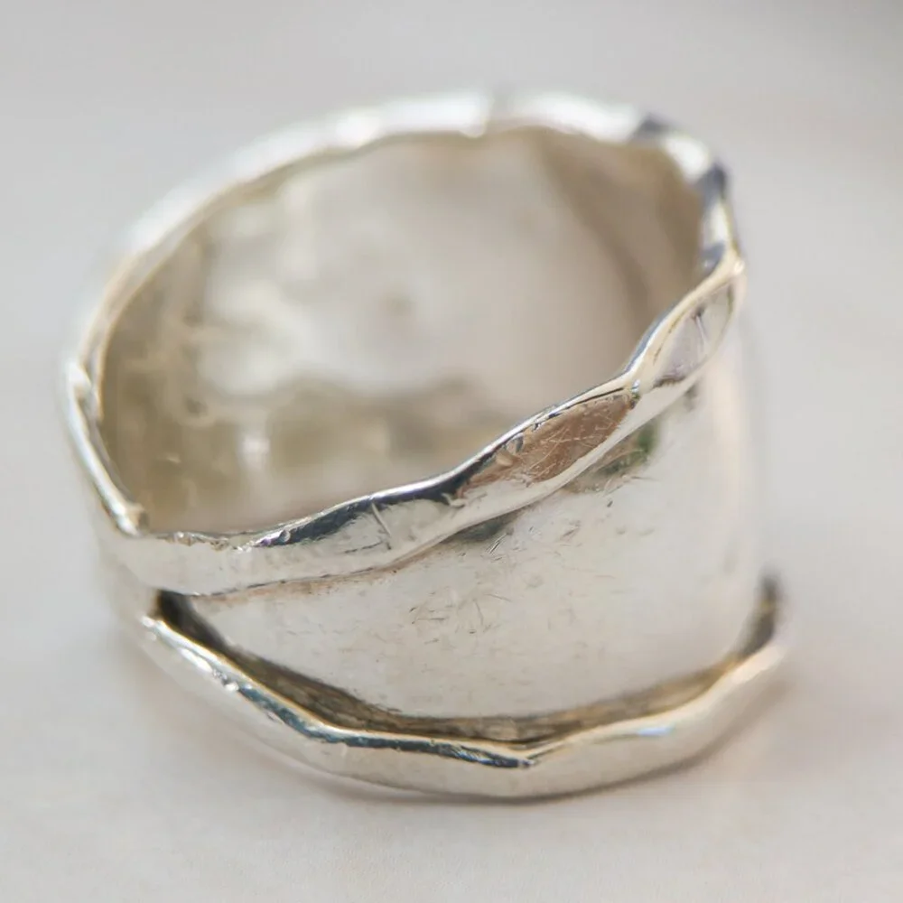 925 Sterling Wide Domed Band, Ripple Rim, Size 6.5 (15mm)